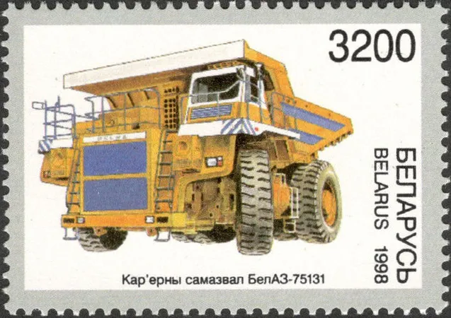 БелАЗ-75131 на почтовой марке Беларуси 1998 года, выпущенной к 50-летию завода