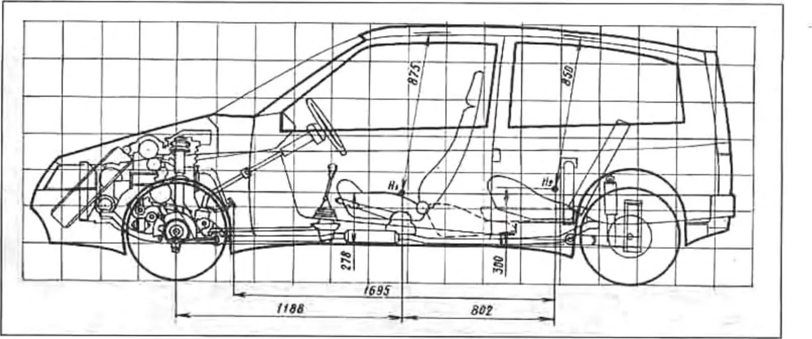 Компоновка концепт-кара НАМИ-0284 «Дебют-1», 1988 год